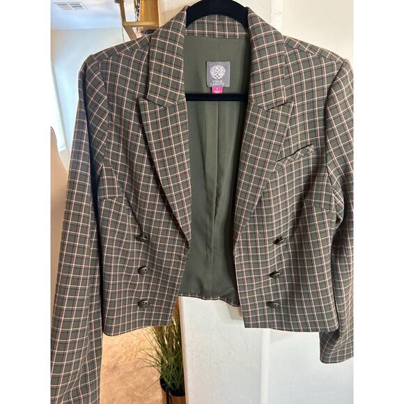 VINCE CAMUTO Double Breasted Cropped Blazer Green Plaid 6 - Picture 3 of 8